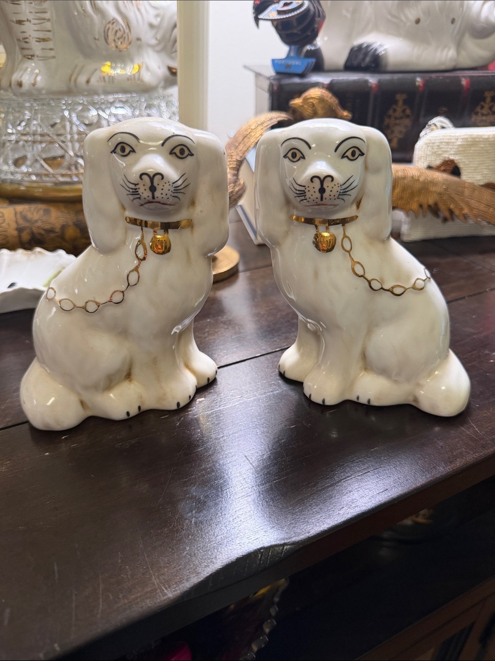 Porcelain Staffordshire-Style Dog Figurine Pair in White with Gold Accents